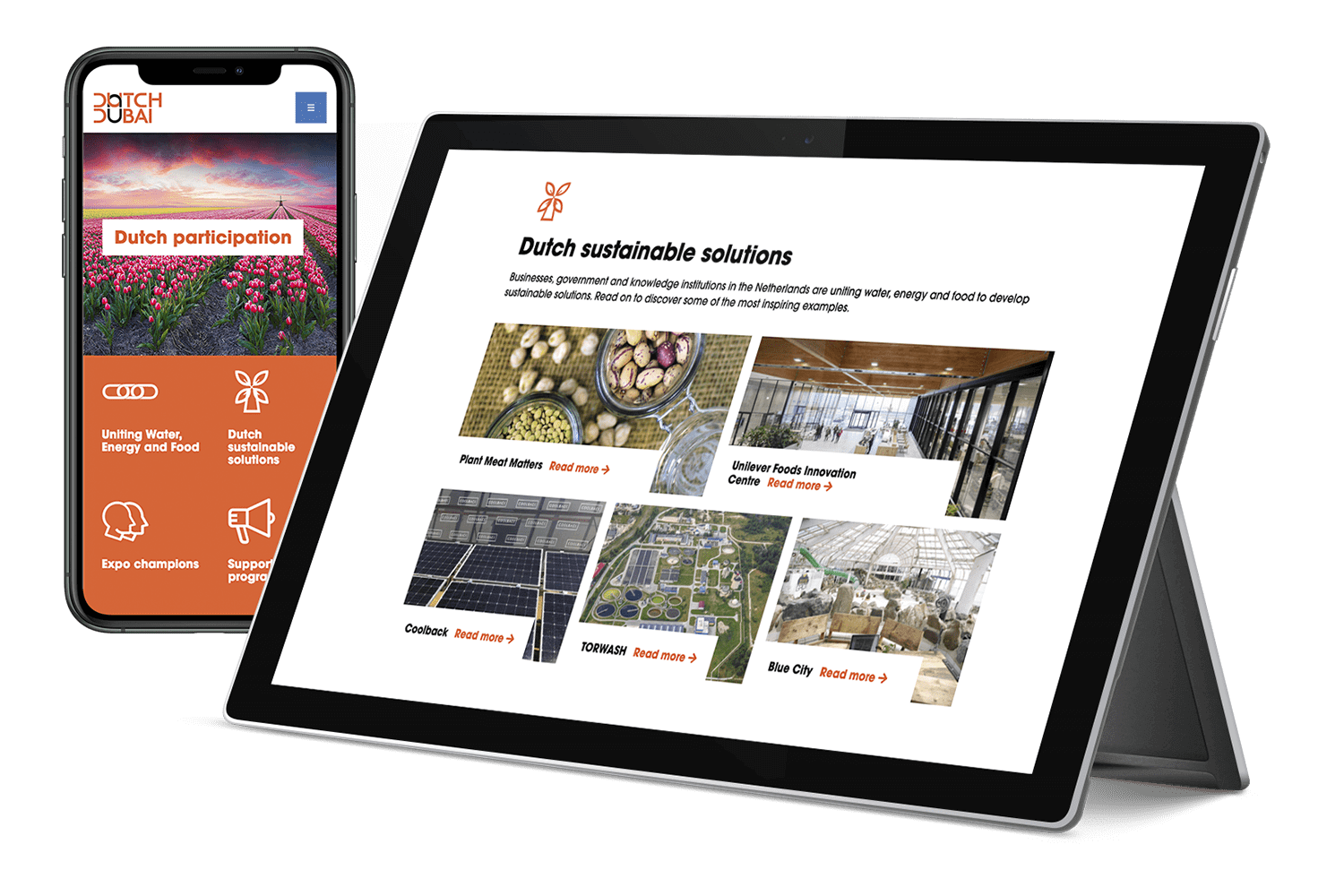 Fully responsive Dutch Dubai site shown on tablet and mobile phone